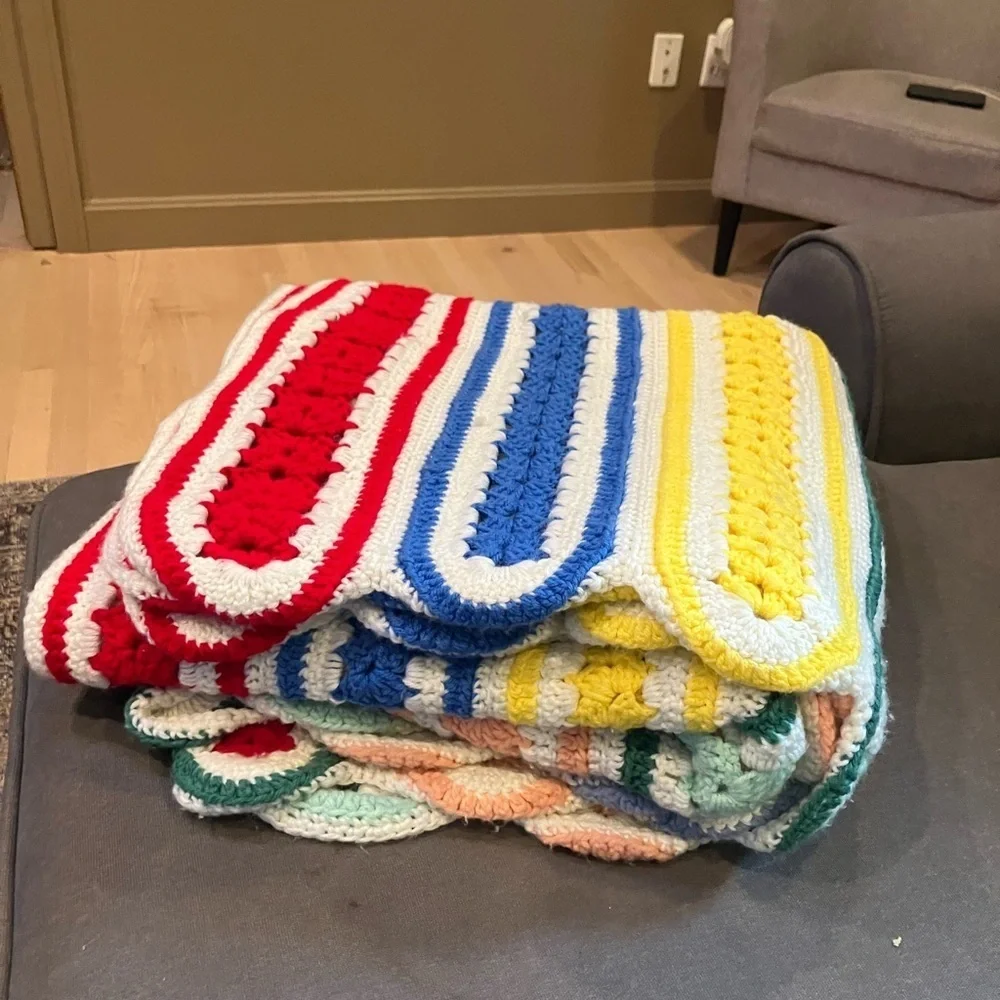 Vintage Handmade Crochet Throw Multicolor Stripe Pattern Scalloped Border